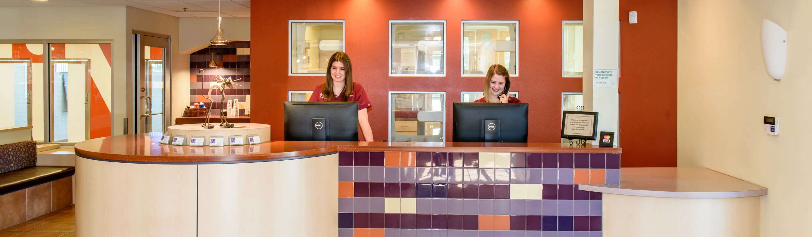 Front Reception desk with purple and orange coloring at South Suburban Animal Hospital